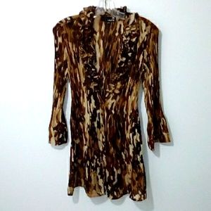 Laura brown animal print ruffled V-neck button down, shear  long b…